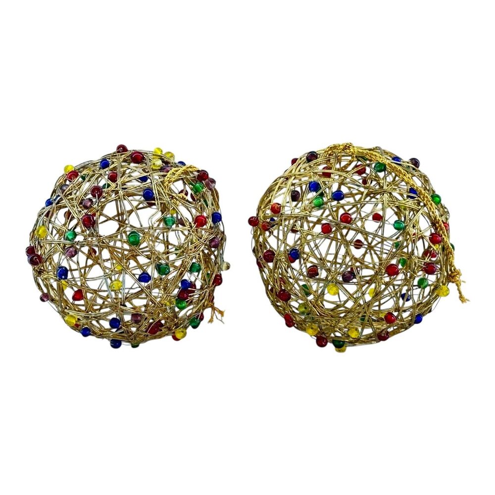 (2)‎ Beaded Gold Tone Brass Wire Christmas Round Ornaments Modern 1990s Vintage